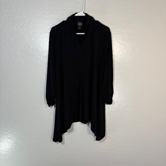 Clara Sunwoo Shirt Womens Large Black Tunic Sharkbite Ruched Sleeve Made USA - Picture 1 of 8